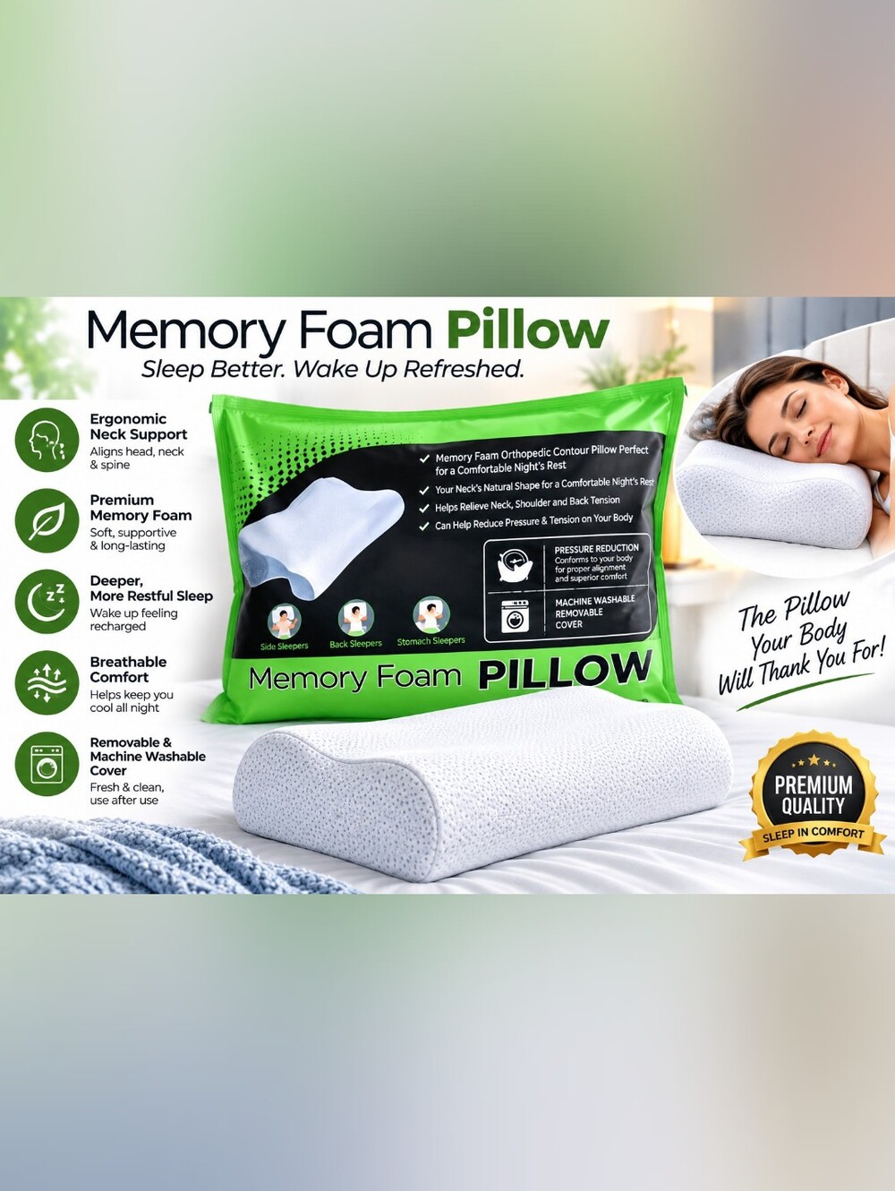 Memory Foam Pillow - Green Packaging